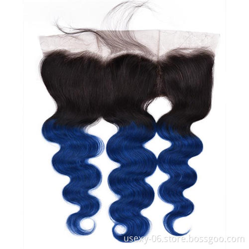 Ombre Remy Hair Brazilian Hair Extension Two Tone Color 1B/Blue Body Wave 13*4 Swiss Lace Frontal